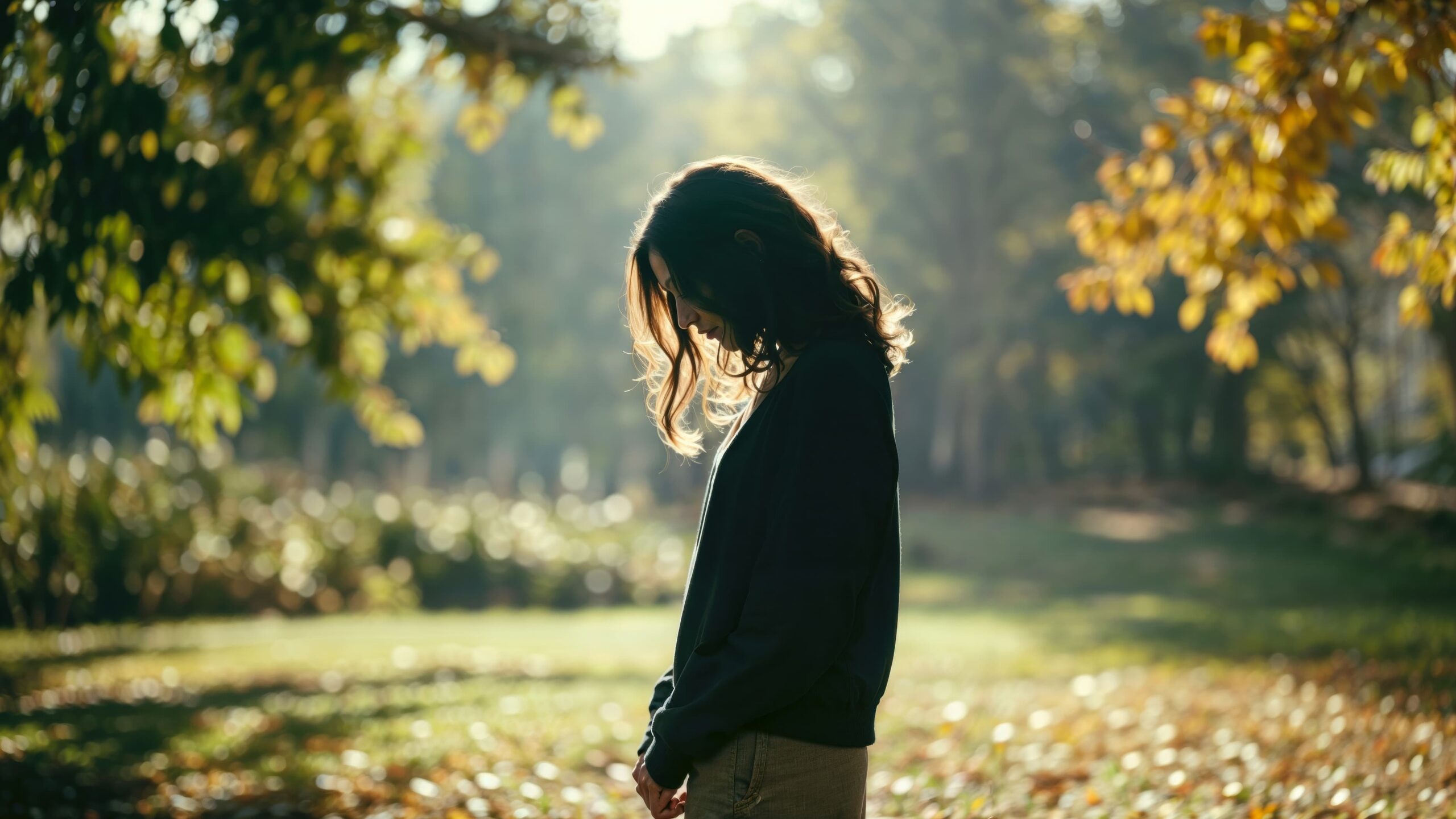 Woman standing alone in a sunlit park with autumn leaves, looking down thoughtfully.