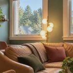 Couples therapy room at NCCT in downtown Northampton, with leather couches, large windows, and a view of treetops.