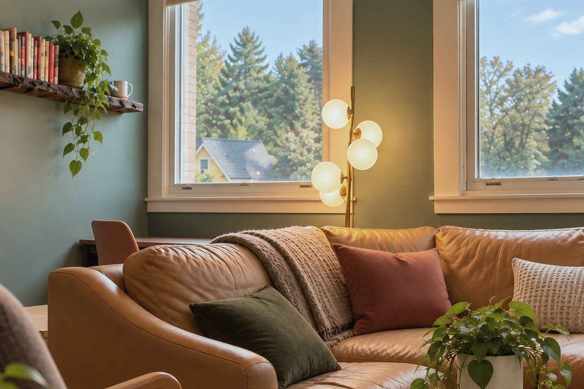 Couples therapy room at NCCT in downtown Northampton, with leather couches, large windows, and a view of treetops.